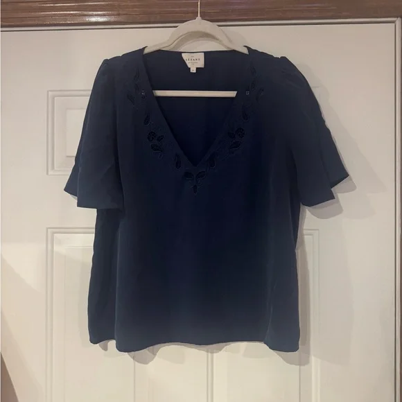 Sezane Navy Embroidered V-Neck Blouse- 100% Silk - Picture 1 of 6